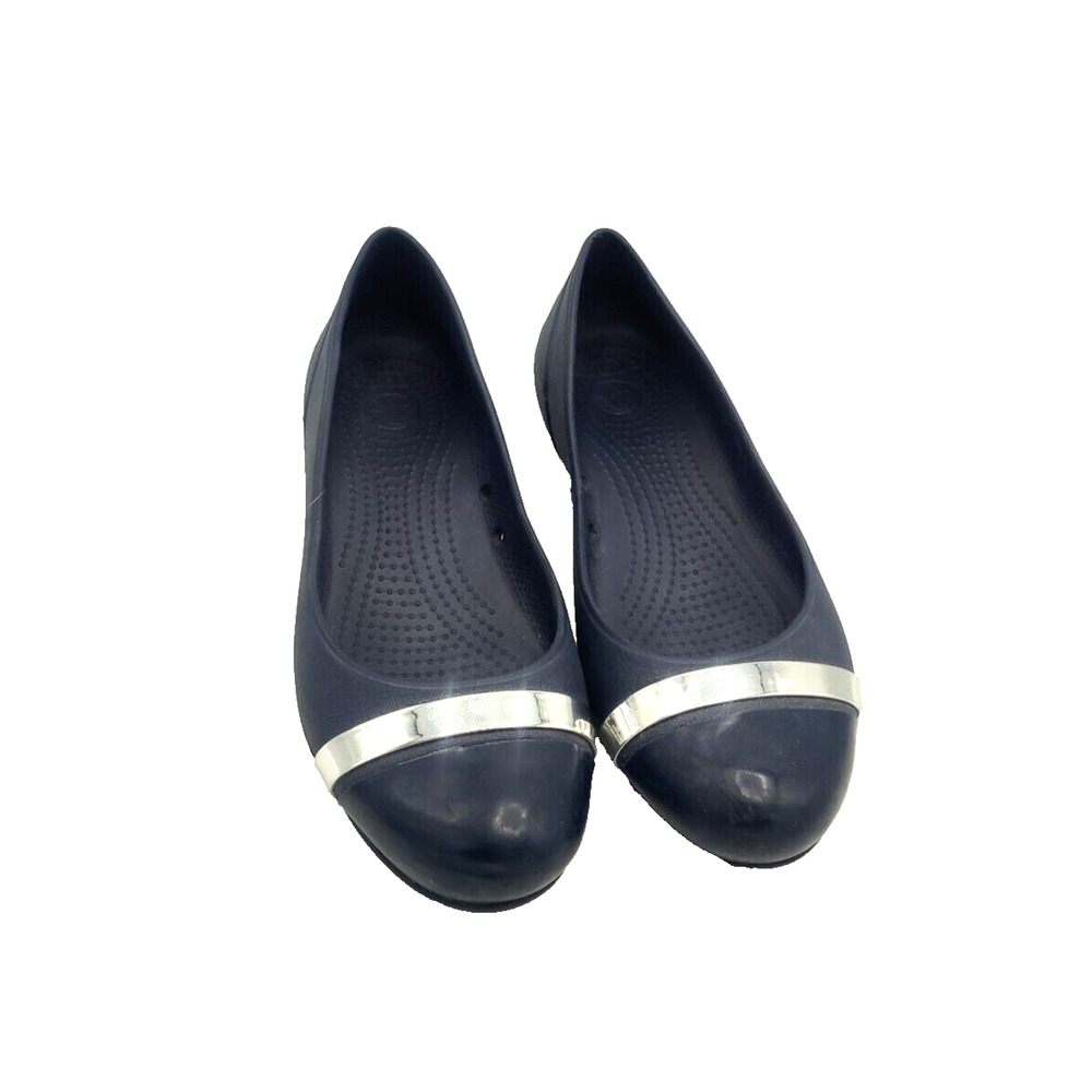 Crocs Black Cap Toe Mirror Slip On Comfort Casual Ballet Flats Womans Size 8